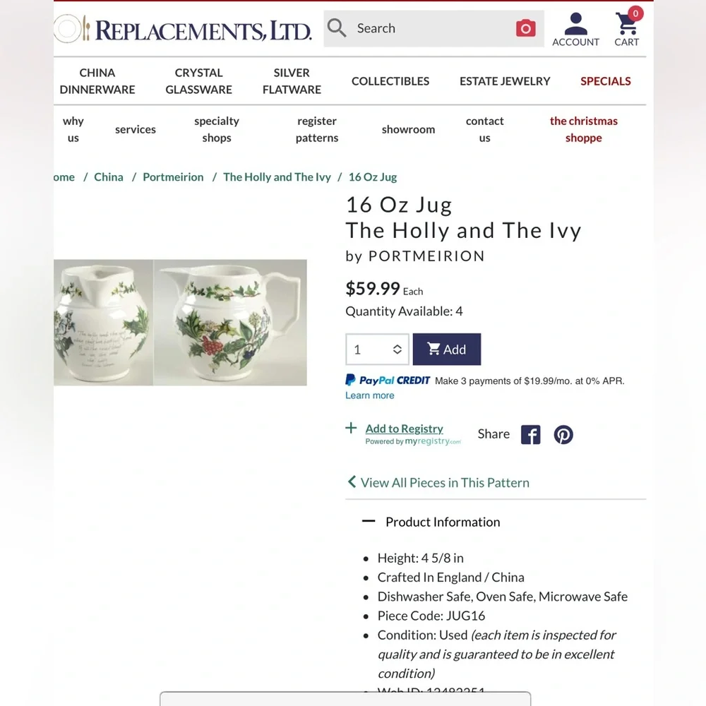 Portmeirion The Holly and The Ivy Staffordshire Jug Small Pitcher 16 oz